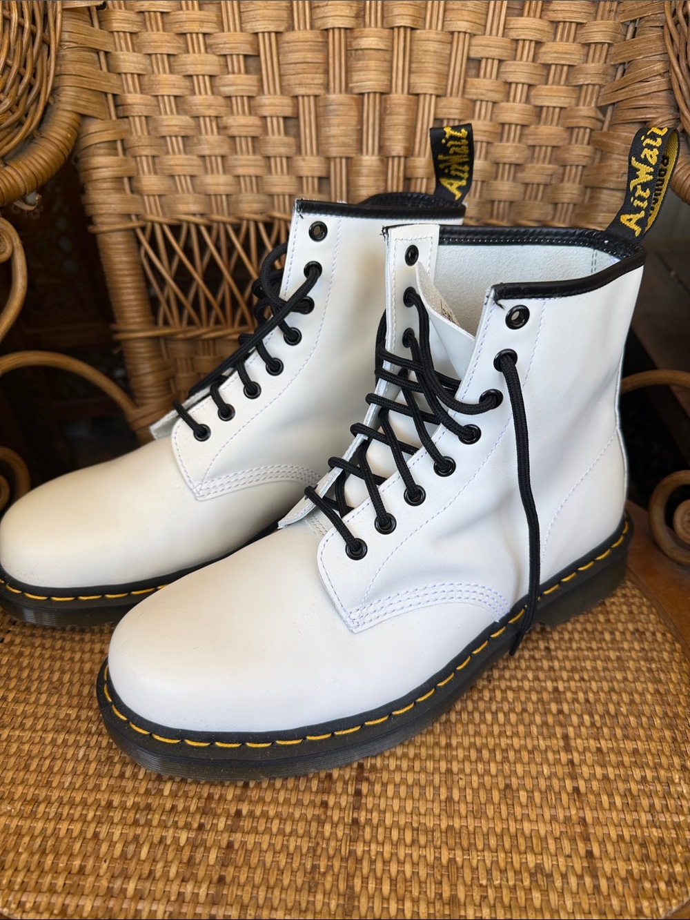 Dr. Martens White Lace-Up Combat Boots with Black Accents and Yellow Stitching